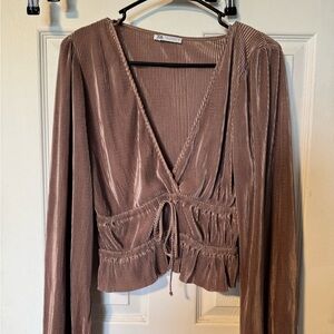 Zara Long Sleeve Crop Blouse with Tie Front